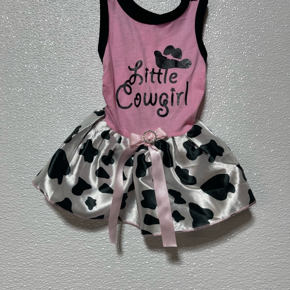 3/$10 Pink 'Little Cowgirl' Dog Dress with Cow Print Skirt